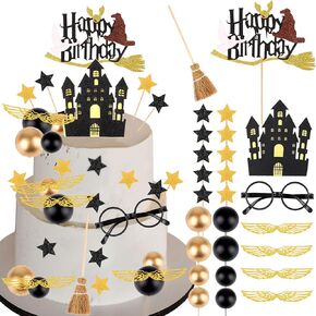 LOAVER 26PCS Magical Wizard Birthday Cake Topper Decorations,Glitter Wizard Themed Castle Cupcake Picks for Magical School Baby Shower Birthday Party Supplies