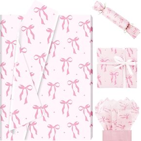 Ywdbzjhs 100 Sheets Pink Bow Tissue Paper, Rose Ribbon Patterns Gift Wrapping Paper for Birthday Wedding Baby Shower Bridal Shower Supplies, 13.8 x 19.7 Inch