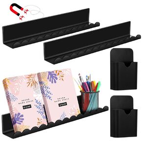 Chunful 5 Pcs Magnetic Book Shelf for Whiteboard 3 Pcs Acrylic Black Floating Magnetic Book Display Shelf and 2 Pen Holder for Classroom, Office, Refrigerator