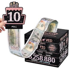 Money Gift Box, 10th Birthday Decorations For Girl, Birthday Gifts For 10 Year Old Girls with 100Pcs Transparent Bags - Black & Rose Gold
