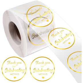 Gold Foil Thank You for Celebrating with Us Sticker Roll, 500 Pcs 1.5Inch Gold Foil Thank You Stickers Clear Wedding Sticker Package Favor Stickers for Envelope Seal