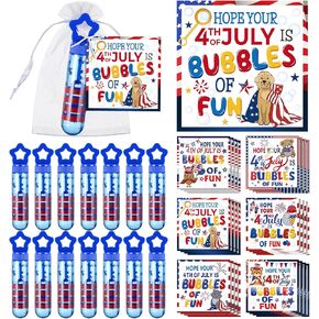 24 Set 4th of July Party Favor Gifts for Kids Include Red White and Blue Patriotic Bubble Wands with Solution, Bubble of Fun Greeting Cards for Independence Day Decor Classroom Prize