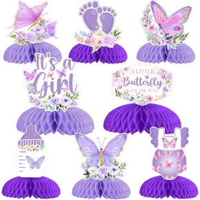 JOYMEMO 8 Pieces Purple Butterfly Baby Shower Honeycomb Centerpieces - Decorations for Girls, A Little Butterfly Is on the Way Table Toppers for Pregnancy Newborn Party