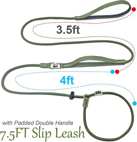 Slip Lead Dog Leash with Double Handles, 7.5FT Training Lead with 360° Swivel Anti-Tangle, Gentle Contorl Leash and Collar for Small Medium Dogs No Pull Walking (Army Green) in Saudi Arabia