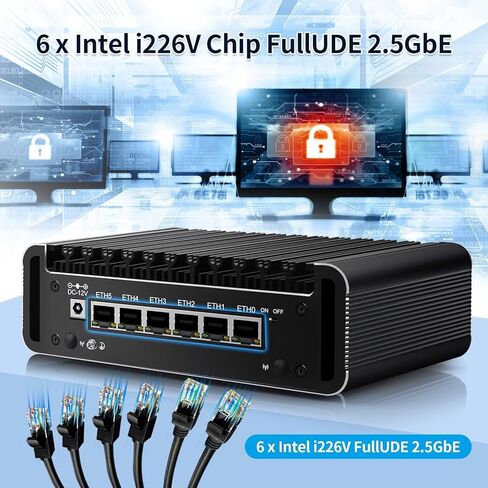 Firewall Mini PC Quad Core N100, DDR5 8GB RAM 128GB NVMe SSD, 6 x 2.5GbE i226V LAN Fanless Computer Hardware, Micro Router Appliance, AES-NI, OPNsense, TypeC Port, TF Card Slot in Kuwait