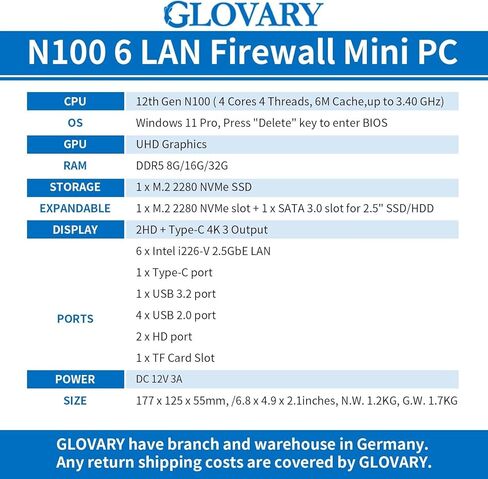 Firewall Mini PC Quad Core N100, DDR5 8GB RAM 128GB NVMe SSD, 6 x 2.5GbE i226V LAN Fanless Computer Hardware, Micro Router Appliance, AES-NI, OPNsense, TypeC Port, TF Card Slot in Kuwait