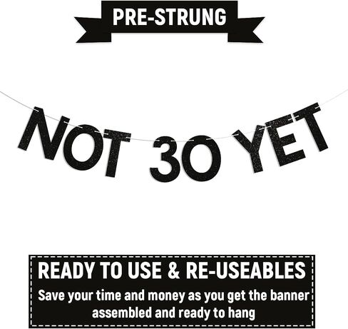Not 30 Yet Banner - Last Year In My 20s, Happy 29th Birthday Banner, Cheer to 29 Years, Funny 29th Birthday Party Decorations Black Glitter in Kuwait