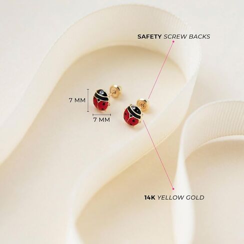 14k Yellow Gold Enamel Colorful Ladybug Screw Back Earrings for Toddlers & Young Girls - Ladybug Stud Earrings for Children with Safety Screw Back Locking - Kids Ladybug Earrings in Saudi Arabia