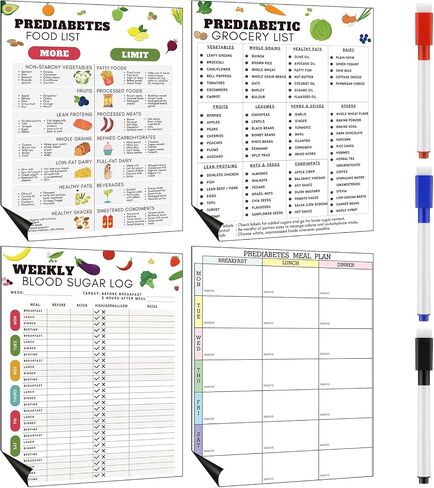 Xuhal 4 Pcs Prediabetic Grocery Lists Chart Magnet Fridge 8.3 x 11 Prediabetic Meal Planner Magnetic Grocery Food Journal Log Blood Glucose Values Record Sheet with 3 Dry Erase Pens in Saudi Arabia