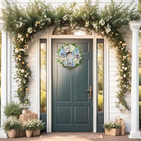 Valery Madelyn Pre-Lit Hydrangea Spring Wreaths for Front Door with Lights, 24 Inch Blue and White Artificial Flowers Wreath for Wall Window Home Porch Indoor Wedding Anniversary Summer Festival Decor in Kuwait