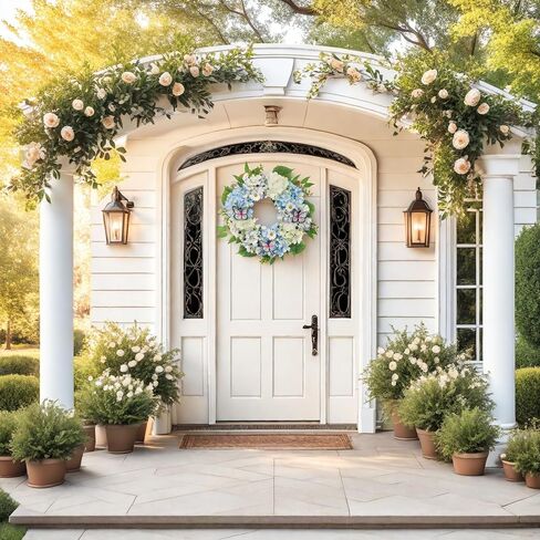 Valery Madelyn Pre-Lit Hydrangea Spring Wreaths for Front Door with Lights, 24 Inch Blue and White Artificial Flowers Wreath for Wall Window Home Porch Indoor Wedding Anniversary Summer Festival Decor in Kuwait