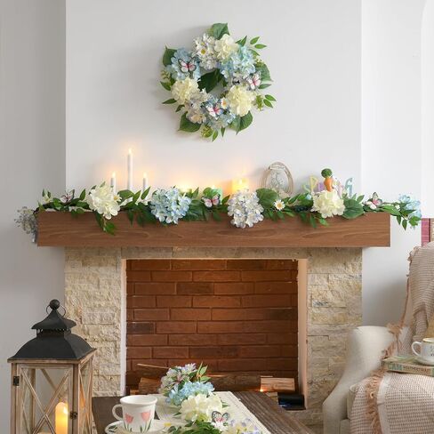 Valery Madelyn Pre-Lit Hydrangea Spring Wreaths for Front Door with Lights, 24 Inch Blue and White Artificial Flowers Wreath for Wall Window Home Porch Indoor Wedding Anniversary Summer Festival Decor in Kuwait