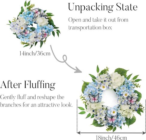 Valery Madelyn Pre-Lit Hydrangea Spring Wreaths for Front Door with Lights, 24 Inch Blue and White Artificial Flowers Wreath for Wall Window Home Porch Indoor Wedding Anniversary Summer Festival Decor in Kuwait