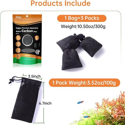 Hygger Aquarium Carbon المنشط ، الفحم المنشط قشرة جوز الهند الطبيعية المتميزة للمياه العذبة والمياه المالحة ، وسائط مرشح خزان الأسماك ، الكربون لتنقية المياه (10.5 أونصة مع حقيبة شبكية دقيقة) in Kuwait