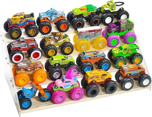 Aaiphuwew Display Case لشاحنات Monster Storage Storage Cars Cars Shelizer ، 4 مستويات شاحنة خشبية على رف شاحنات شاحنة لسيارات الألعاب in Kuwait