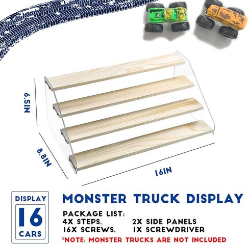 Aaiphuwew Display Case لشاحنات Monster Storage Storage Cars Cars Shelizer ، 4 مستويات شاحنة خشبية على رف شاحنات شاحنة لسيارات الألعاب in Kuwait