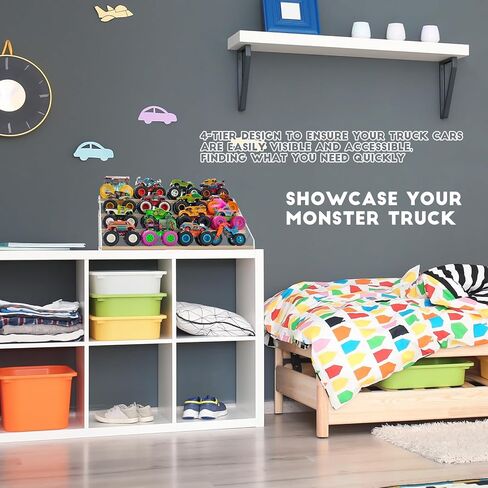 Aaiphuwew Display Case لشاحنات Monster Storage Storage Cars Cars Shelizer ، 4 مستويات شاحنة خشبية على رف شاحنات شاحنة لسيارات الألعاب in Kuwait