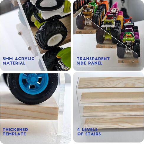 Aaiphuwew Display Case لشاحنات Monster Storage Storage Cars Cars Shelizer ، 4 مستويات شاحنة خشبية على رف شاحنات شاحنة لسيارات الألعاب in Kuwait