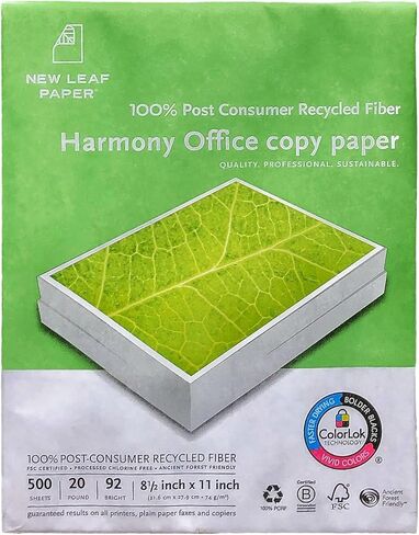 100% Recycled Printer Paper, 20 lb Harmony Multipurpose Copy Paper, 500 Sheets, HP ColorLok Certified, Made in USA, White, 8.5" x 11" (10800) in Saudi Arabia