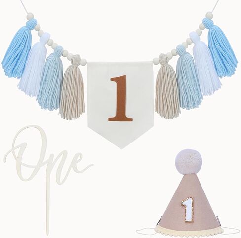 1st Birthday Decorations Boy, High Chair Banner First Birthday Decorations Boho Wood Bead Tassel, Baby 1st Party Hat with One Cake Topper in Saudi Arabia