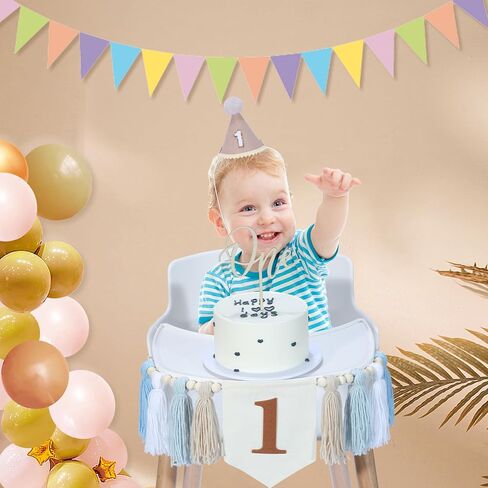 1st Birthday Decorations Boy, High Chair Banner First Birthday Decorations Boho Wood Bead Tassel, Baby 1st Party Hat with One Cake Topper in Saudi Arabia