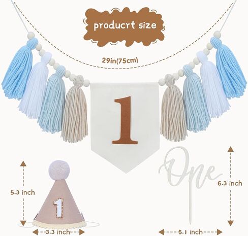 1st Birthday Decorations Boy, High Chair Banner First Birthday Decorations Boho Wood Bead Tassel, Baby 1st Party Hat with One Cake Topper in Saudi Arabia