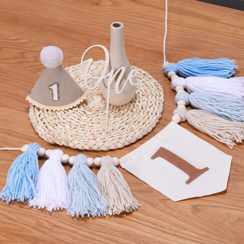 1st Birthday Decorations Boy, High Chair Banner First Birthday Decorations Boho Wood Bead Tassel, Baby 1st Party Hat with One Cake Topper in Saudi Arabia