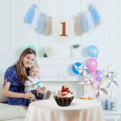 1st Birthday Decorations Boy, High Chair Banner First Birthday Decorations Boho Wood Bead Tassel, Baby 1st Party Hat with One Cake Topper in Saudi Arabia