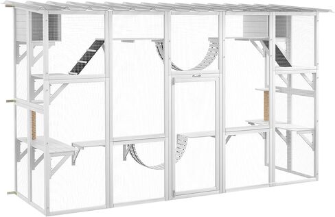 Pawhut Catio Window Outdoor Cat spongement ، منزل قط في الهواء الطلق مع سقف حماية للطقس للبسيسات المتعددة ، الإطار الخشبي ، الرفوف والجسور ، 118 "× 37.5" × 74 "، رمادي in Kuwait