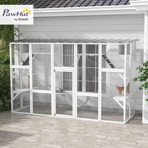 Pawhut Catio Window Outdoor Cat spongement ، منزل قط في الهواء الطلق مع سقف حماية للطقس للبسيسات المتعددة ، الإطار الخشبي ، الرفوف والجسور ، 118 "× 37.5" × 74 "، رمادي in Kuwait