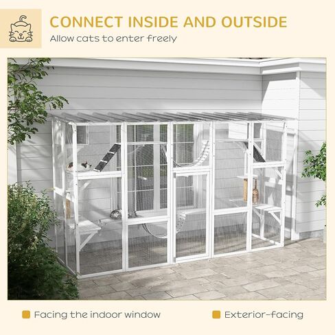 Pawhut Catio Window Outdoor Cat spongement ، منزل قط في الهواء الطلق مع سقف حماية للطقس للبسيسات المتعددة ، الإطار الخشبي ، الرفوف والجسور ، 118 "× 37.5" × 74 "، رمادي in Kuwait