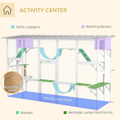 Pawhut Catio Window Outdoor Cat spongement ، منزل قط في الهواء الطلق مع سقف حماية للطقس للبسيسات المتعددة ، الإطار الخشبي ، الرفوف والجسور ، 118 "× 37.5" × 74 "، رمادي in Kuwait