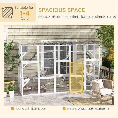 Pawhut Catio Window Outdoor Cat spongement ، منزل قط في الهواء الطلق مع سقف حماية للطقس للبسيسات المتعددة ، الإطار الخشبي ، الرفوف والجسور ، 118 "× 37.5" × 74 "، رمادي in Kuwait