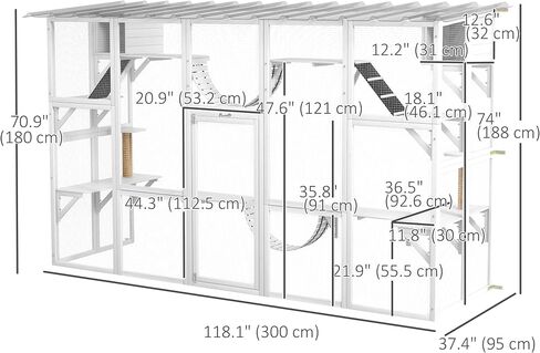 Pawhut Catio Window Outdoor Cat spongement ، منزل قط في الهواء الطلق مع سقف حماية للطقس للبسيسات المتعددة ، الإطار الخشبي ، الرفوف والجسور ، 118 "× 37.5" × 74 "، رمادي in Kuwait