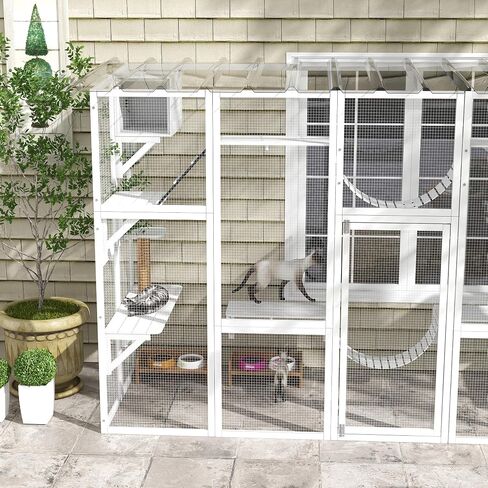 Pawhut Catio Window Outdoor Cat spongement ، منزل قط في الهواء الطلق مع سقف حماية للطقس للبسيسات المتعددة ، الإطار الخشبي ، الرفوف والجسور ، 118 "× 37.5" × 74 "، رمادي in Kuwait
