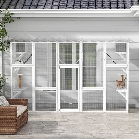 Pawhut Catio Window Outdoor Cat spongement ، منزل قط في الهواء الطلق مع سقف حماية للطقس للبسيسات المتعددة ، الإطار الخشبي ، الرفوف والجسور ، 118 "× 37.5" × 74 "، رمادي in Kuwait