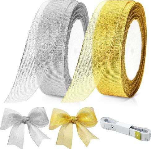 50 Yards 1 Inch Gold and Silver Glitter Ribbons for Gift Wrapping Ribbon,1 Inch Thin Silver Sparkly Metallic Fabric Ribbons for Crafts,Birthday,Valentine’s Day,Handmade Bow,Wedding Party Decoration in Saudi Arabia