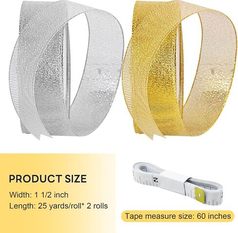 50 Yards 1 Inch Gold and Silver Glitter Ribbons for Gift Wrapping Ribbon,1 Inch Thin Silver Sparkly Metallic Fabric Ribbons for Crafts,Birthday,Valentine’s Day,Handmade Bow,Wedding Party Decoration in Saudi Arabia