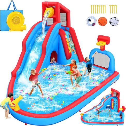 Whubefy Inflatable Water Slide for Kids Backyard, 14.2Ft Waterslide Park Bounce House W/Big Pool, Slide, Soccer Field, Dump Bucket, Obstacle Tunnel, 9in1 Blow Up Water Slides Inflatables for Kids Gift in Kuwait