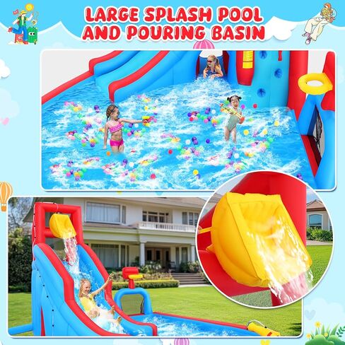 Whubefy Inflatable Water Slide for Kids Backyard, 14.2Ft Waterslide Park Bounce House W/Big Pool, Slide, Soccer Field, Dump Bucket, Obstacle Tunnel, 9in1 Blow Up Water Slides Inflatables for Kids Gift in Kuwait