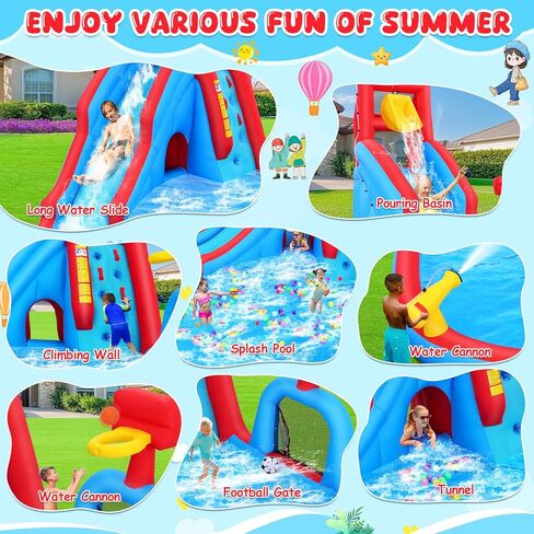 Whubefy Inflatable Water Slide for Kids Backyard, 14.2Ft Waterslide Park Bounce House W/Big Pool, Slide, Soccer Field, Dump Bucket, Obstacle Tunnel, 9in1 Blow Up Water Slides Inflatables for Kids Gift in Kuwait