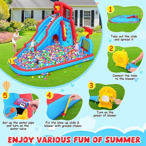 Whubefy Inflatable Water Slide for Kids Backyard, 14.2Ft Waterslide Park Bounce House W/Big Pool, Slide, Soccer Field, Dump Bucket, Obstacle Tunnel, 9in1 Blow Up Water Slides Inflatables for Kids Gift in Kuwait