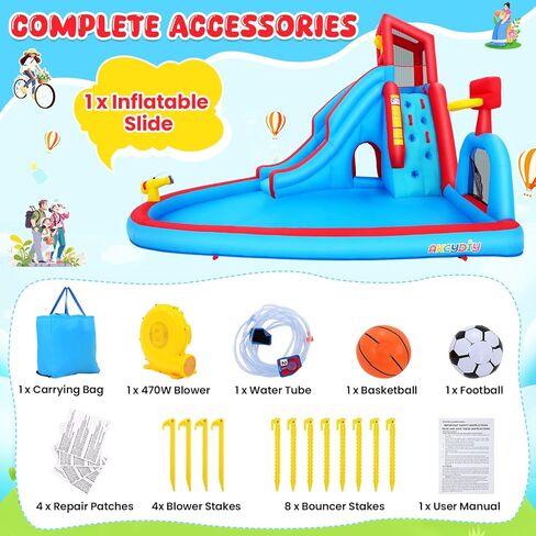 Whubefy Inflatable Water Slide for Kids Backyard, 14.2Ft Waterslide Park Bounce House W/Big Pool, Slide, Soccer Field, Dump Bucket, Obstacle Tunnel, 9in1 Blow Up Water Slides Inflatables for Kids Gift in Kuwait