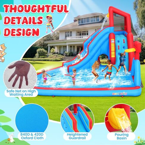 Whubefy Inflatable Water Slide for Kids Backyard, 14.2Ft Waterslide Park Bounce House W/Big Pool, Slide, Soccer Field, Dump Bucket, Obstacle Tunnel, 9in1 Blow Up Water Slides Inflatables for Kids Gift in Kuwait