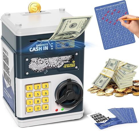 Piggy Bank for Kids Boys 5-13 with 4 Saving Record Cards, Kids Money Safe Banks for Real Money with 4-Digit Password, Electronic Piggy Bank Toys for Boys Girls with ATM-Style Cash Slot, Red Blue in Saudi Arabia