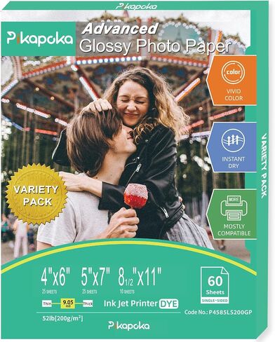 Glossy Photo Paper 4x6, 5x7, 8.5x11, 60 Variety Pack Bulk, Assorted Sizes, Inkjet printer, 52lb/200gsm in Kuwait