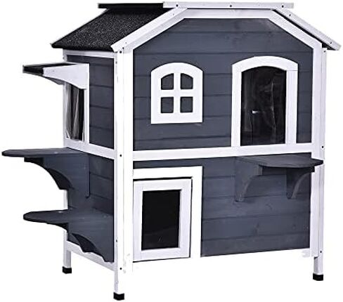 Pawhut المكون من طابقين Cat House في الهواء الطلق ، حاوية قط خشبية مقاومة للتسلية للقطط الوحشية مع باب الهروب ، سقف مفتوح ، منصات القفز ، أبيض in Kuwait