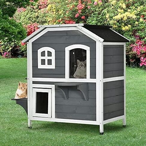 Pawhut المكون من طابقين Cat House في الهواء الطلق ، حاوية قط خشبية مقاومة للتسلية للقطط الوحشية مع باب الهروب ، سقف مفتوح ، منصات القفز ، أبيض in Kuwait