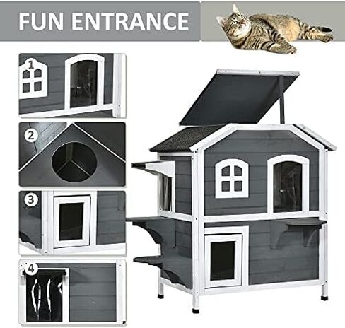 Pawhut المكون من طابقين Cat House في الهواء الطلق ، حاوية قط خشبية مقاومة للتسلية للقطط الوحشية مع باب الهروب ، سقف مفتوح ، منصات القفز ، أبيض in Kuwait
