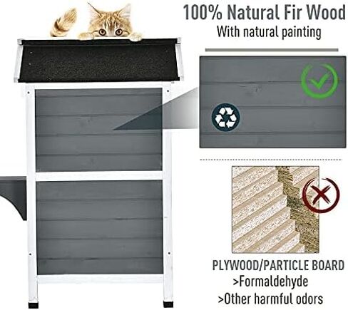 Pawhut المكون من طابقين Cat House في الهواء الطلق ، حاوية قط خشبية مقاومة للتسلية للقطط الوحشية مع باب الهروب ، سقف مفتوح ، منصات القفز ، أبيض in Kuwait